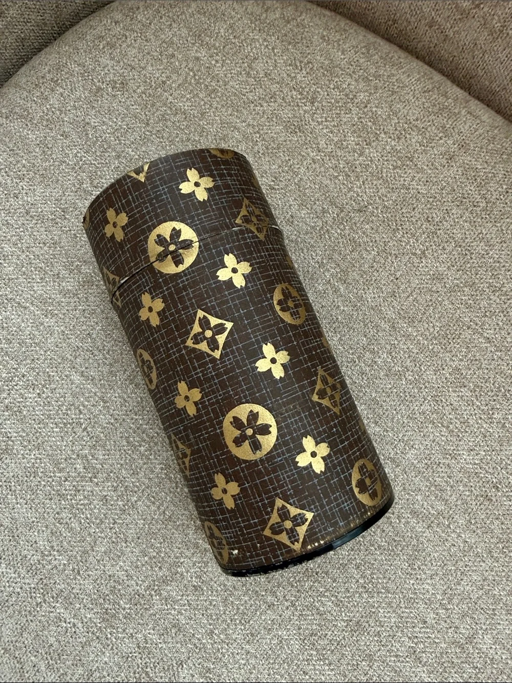 Monogrammed Cylindrical Case Metal Canister in Brown and Gold